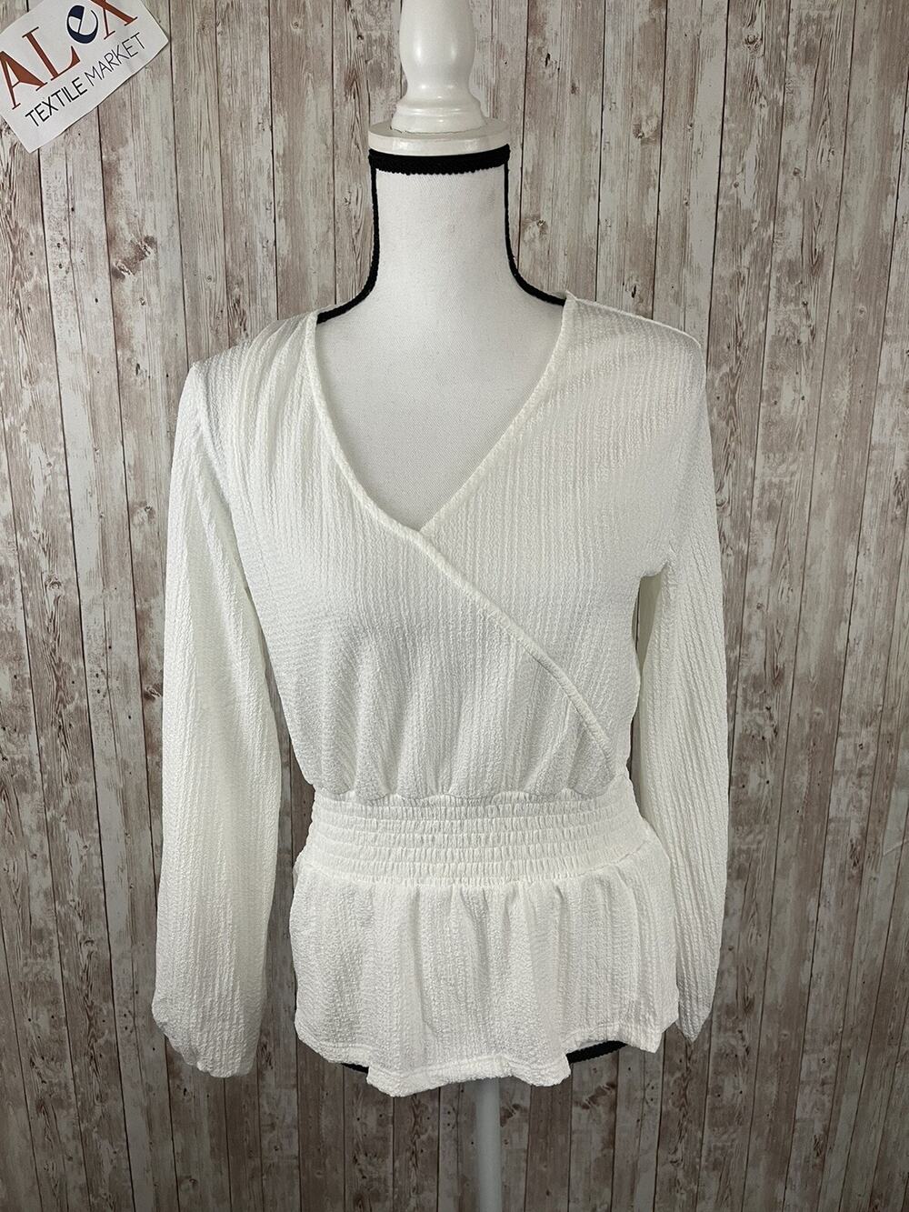 Kiabi Blouse Womens 2XS White Shirt V Neck Tunic Top Long Sleeve N134